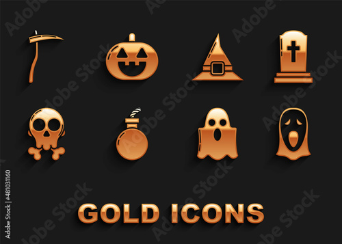 Set Bomb ready to explode, Tombstone with cross, Funny and scary ghost mask for Halloween, Ghost, Skull crossbones, Witch hat, Scythe and Pumpkin icon. Vector