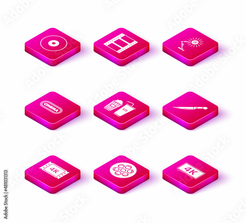 Set 4k movie, tape, frame, Film reel, Cinema poster design template, Popcorn and soda drink glass, , Knife, Table lamp and Play Video icon. Vector