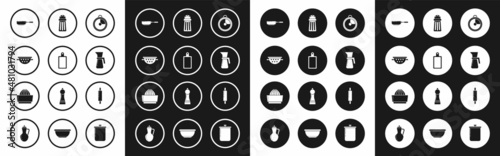 Set Kitchen timer, Cutting board, colander, Frying pan, Measuring cup, Salt, Rolling pin and Citrus fruit juicer icon. Vector