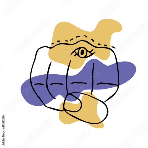 Fist hand with eye on abstract spots background, hand gesture concept sketch. Protect and fight symbol.