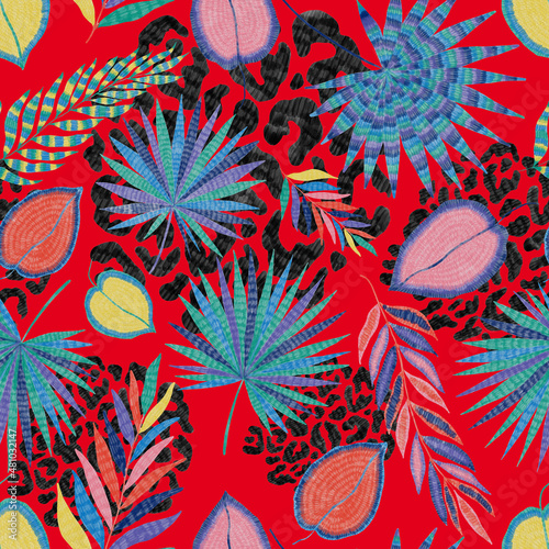 Modern abstract seamless pattern with creative colorful tropical leaves and leopard spots. Retro bright summer background. Jungle foliage illustration. Swimwear botanical design. Vintage exotic print.