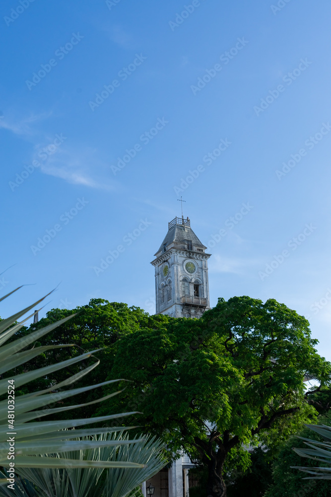 Front view to the Clock tower of House of Wonders, Stone Town, Zanzibar, Tanzania