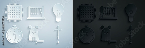 Set Rat, Light bulb with concept of idea, Compass, Pipette, Pendulum and Processor icon. Vector