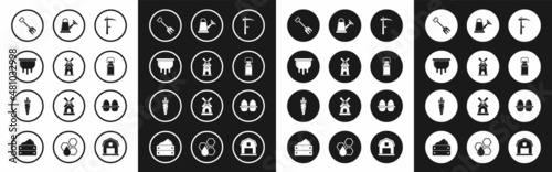 Set Scythe, Windmill, Udder, Garden rake, Can container for milk, Watering can, Chicken egg box and Carrot icon. Vector