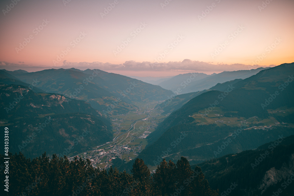 The beautiful mountains of Zillertal in Austria at sunrise
