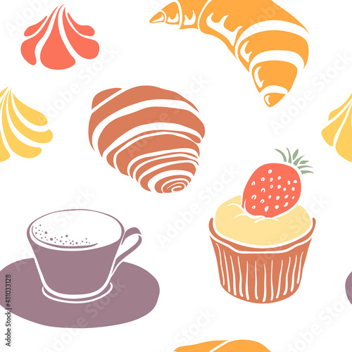 Seamless pattern with pastry and desserts. Colorful paper cut collection of bread and desserts isolated on white background. Doodle hand drawn bakery products icons. Vector illustration