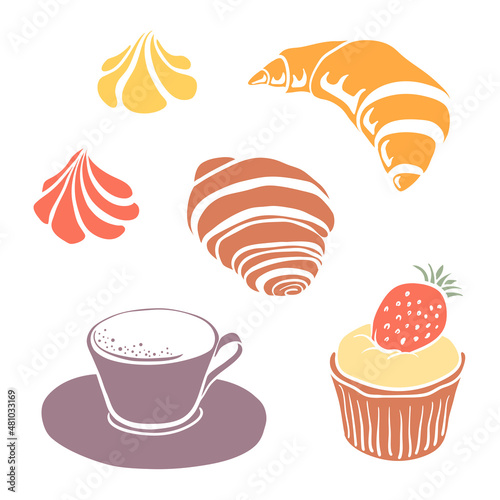 Colorful paper cut collection of pastry and desserts isolated on white background. Doodle hand drawn bakery products icons. Vector illustration