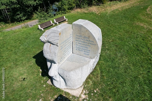 memorial Monument Hlava XXII. of Jaroslav Hasek the author of book The Good Soldier Svejk in Lipnice nad Sazavou Hlava XXII  Catch 22 Joseph Heller, aerial scenic panorama view photo