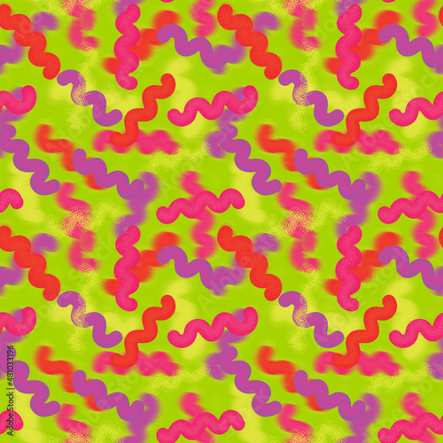 Colorful bright geometric seamless pattern. An illustration with a trend motion blur effect. Red, pink, purple, yellow squiggles with texture on an acid-green background