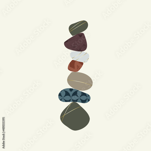 Wellness balance pebble stone harmony logo vector Illustration. Simplicity calm and zen of cairn rock shape. Simple poise tower. Japanese color stones with gold grunge texture. Poster, card, print