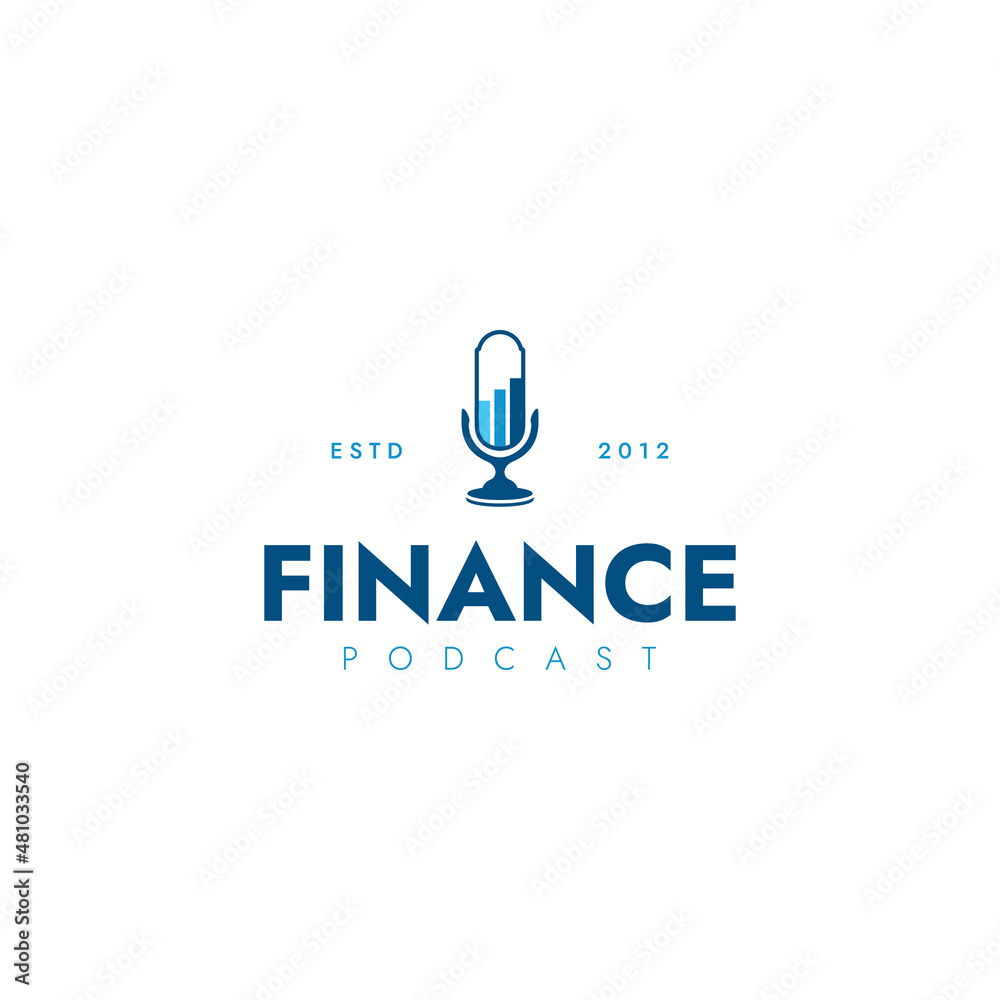 Podcast microphone and financial charts, finance business podcast logo icon vector design template