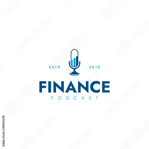 Podcast microphone and financial charts, finance business podcast logo icon vector design template