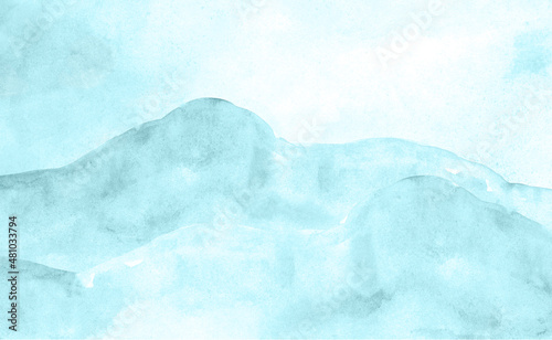 Watercolor background, mountains and sky, hills, pale mint, turquoise, light green.