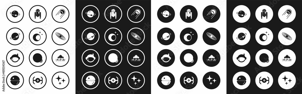 Set Satellite, Moon and stars, Planet, Robot, Mars rover and Astronaut helmet icon. Vector Set Satellite, Moon and stars, Planet, Robot, Mars rover and Astronaut helmet icon. Vector