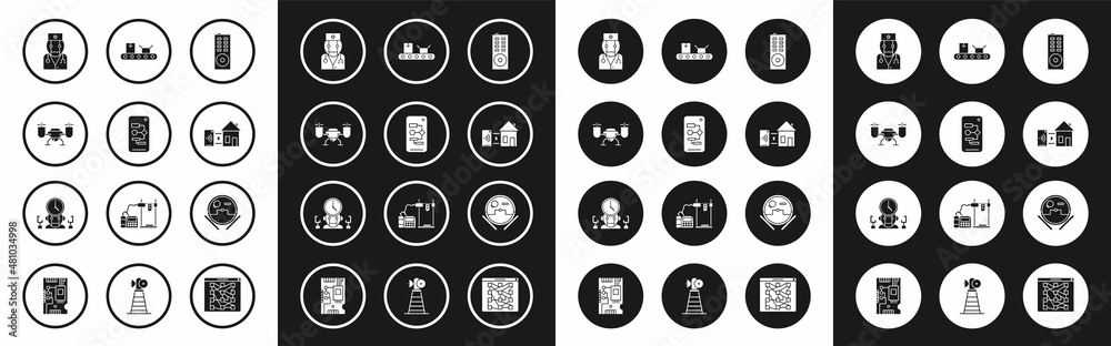 Set Remote control, Algorithm, Drone flying with action camera, Robot doctor, Smart home, Conveyor belt cardboard box, vacuum cleaner and and digital time manager icon. Vector