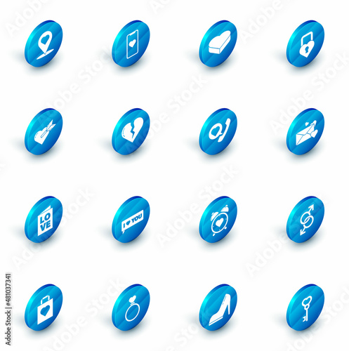 Set Mobile phone with heart, Candy in shaped box, Castle the of, Amour arrow, Valentines day party flyer, Broken or divorce, Envelope and Telephone speech bubble icon. Vector