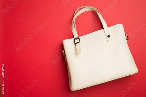 Fashionable woman bag on color background. Top view