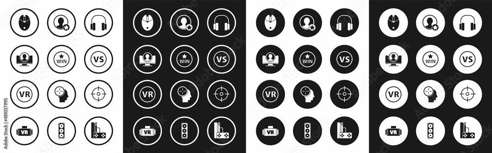 Set Headphones, Medal, Create account screen, Computer mouse gaming, VS Versus battle, Premium create, Target sport and Virtual reality glasses icon. Vector Set Headphones, Medal, Create account screen, Computer mouse gaming, VS Versus battle, Premium create, Target sport and Virtual reality glasses icon. Vector