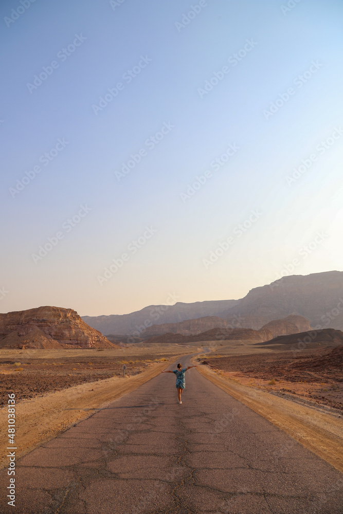 girl walking in desert road girl walking in desert road