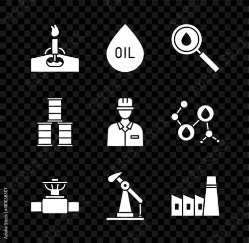 Set Oil rig with fire, drop, Industry pipe and valve, pump or pump jack, industrial factory building, Barrel oil and Oilman icon. Vector