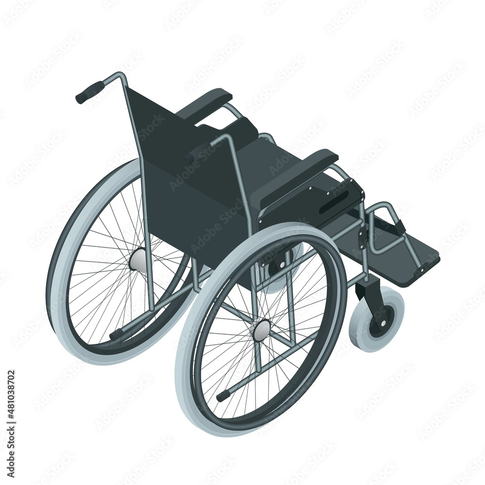 Isometric Wheelchair isolated. Medical support equipment. Health care concept. Chair with wheels, used when walking is difficult or impossible due to illness, injury, or disability.