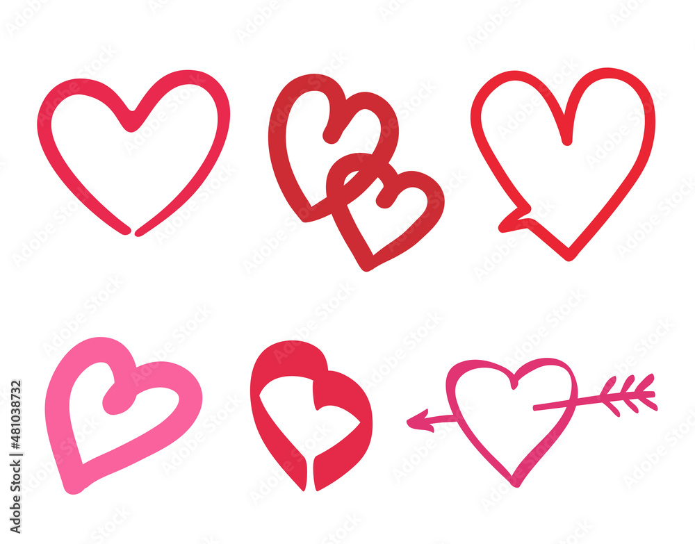 Freehand heart on isolated white background. Hand drawn hearts. Valentine's day. Colorful outlined objects. Holiday doodles