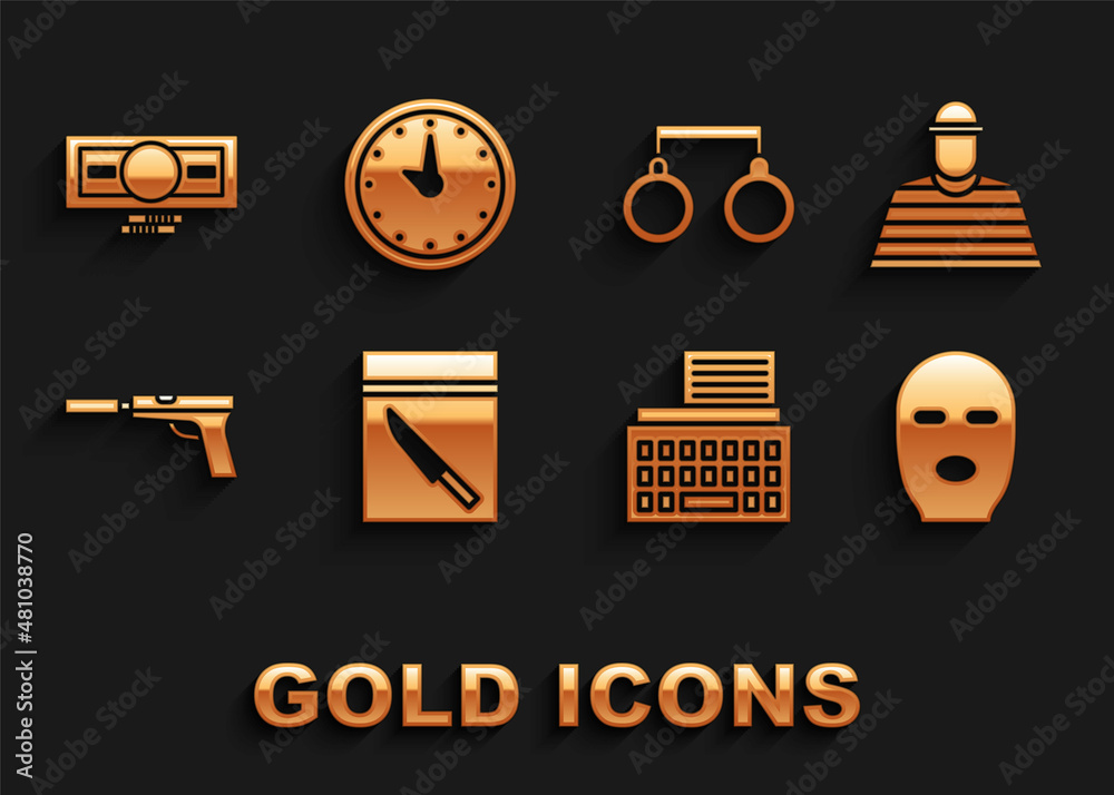 Set Evidence bag and knife, Prisoner, Thief mask, Retro typewriter, Pistol or gun with silencer, Handcuffs, Stacks paper money cash and Clock icon. Vector Set Evidence bag and knife, Prisoner, Thief mask, Retro typewriter, Pistol or gun with silencer, Handcuffs, Stacks paper money cash and Clock icon. Vector