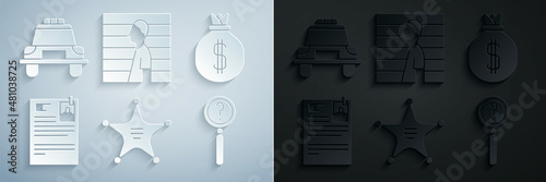 Set Hexagram sheriff, Money bag, Lawsuit paper, Magnifying glass with search, Suspect criminal and Police car and flasher icon. Vector