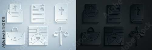 Set Suspect criminal, Holy bible book, Briefcase, Scales of justice, Lawsuit paper and Subpoena icon. Vector