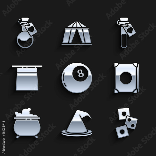 Set Magic ball of predictions, Witch hat, Game dice, Ancient magic book, cauldron, Magician, Bottle with love potion and icon. Vector