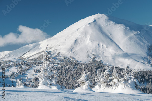 view to snow peak Petros in winter day in Ukraine