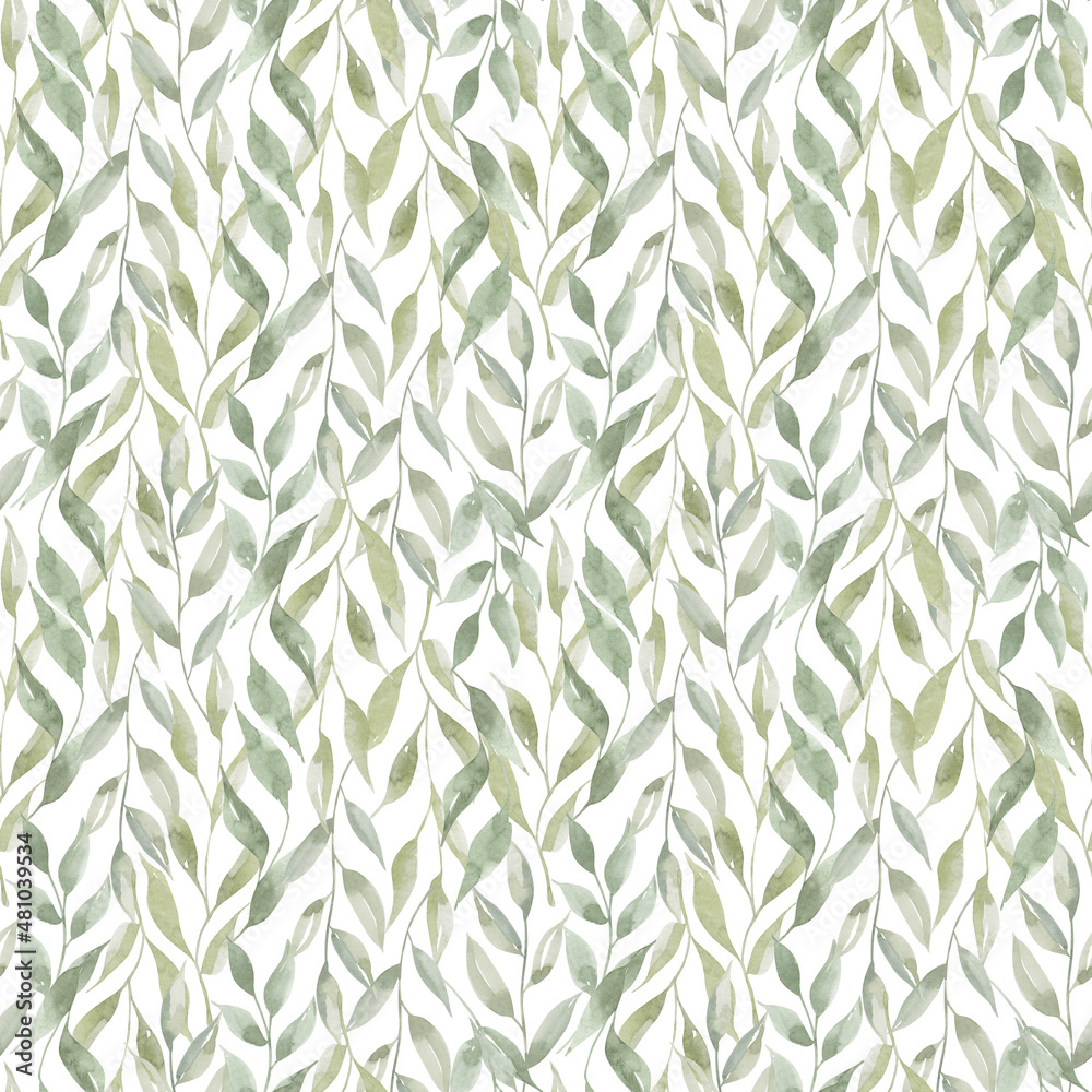Watercolor seamless cozy pattern with dry and green leaves. Spring