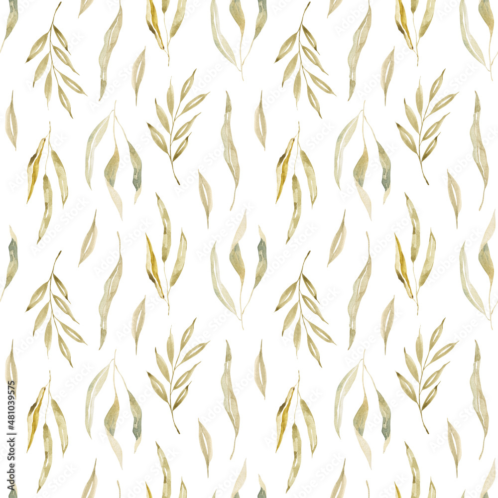 Watercolor seamless cozy pattern with dry and green leaves. Spring trendy  background. Hand drawn Rustic style. For printing on paper, packaging,  textiles, banners, valentine, march, easter, wedding. Illustration Stock