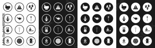 Set Magic runes, lamp or Aladdin, Magician hat and rabbit, mortar pestle, wand, Masons, Witch cauldron magic stone and Rabbit with ears icon. Vector