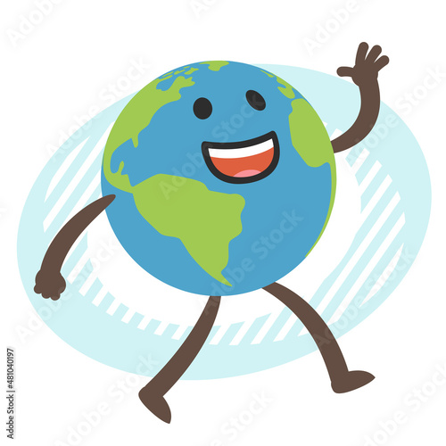 Planet Earth character walking and waving in greeting.
