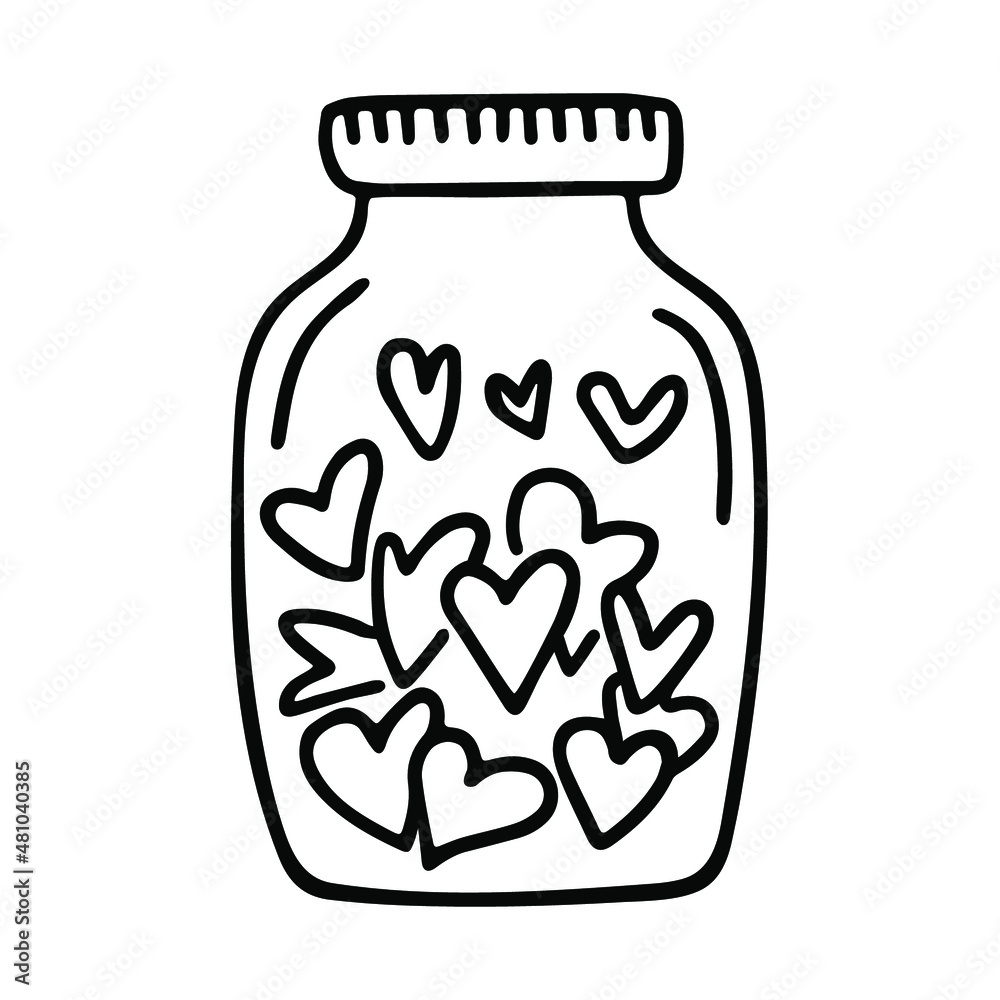 Jar with hearts line vector illustration. Valentine's day hand drawn doodle element. Love potion. Romantic feelings concept. Jar with hearts line vector illustration. Valentine's day hand drawn doodle element. Love potion. Romantic feelings concept.