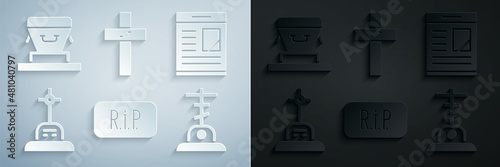 Set Speech bubble rip death, Obituaries, Grave with cross, Christian and Coffin icon. Vector