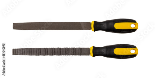 Two flat steel files with rubber handles isolated on white background. Double-cut flat file for processing of metals. Rasp for coarsely shaping wood and other material. Hand work tool.