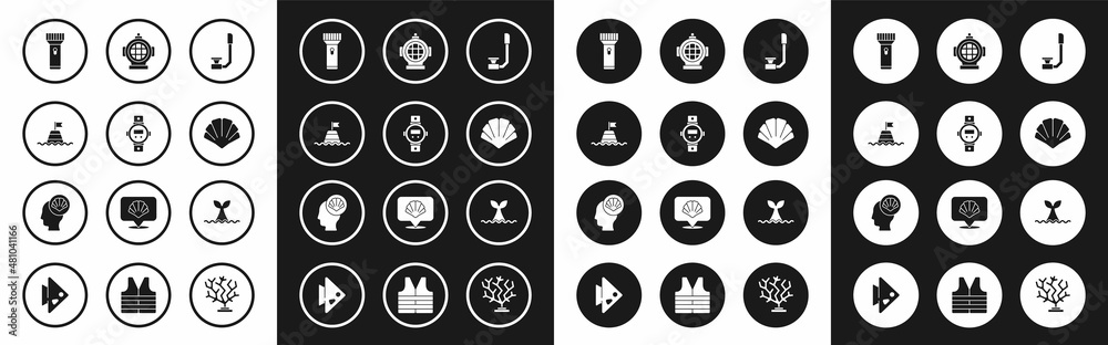 Set Snorkel, Diving watch, Floating buoy on the sea, Flashlight, Scallop shell, Aqualung, Whale tail ocean wave and icon. Vector