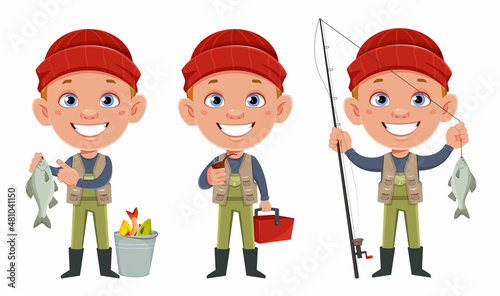 Fisherman, set of three poses. Cheerful fisher