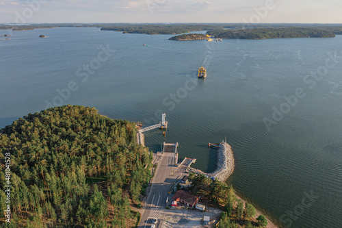 Finland. Porgas. Turku archipelago. July 12, 2021. Sea crossing view from the top from the drone. Sea, island and ferry views. photo