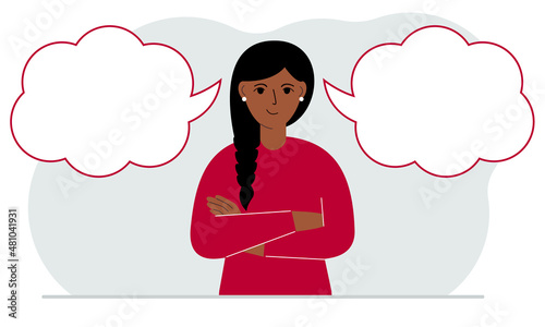 A satisfied woman tries to make the right decision. Left and right are empty bubbles. Comparison of the two solutions.