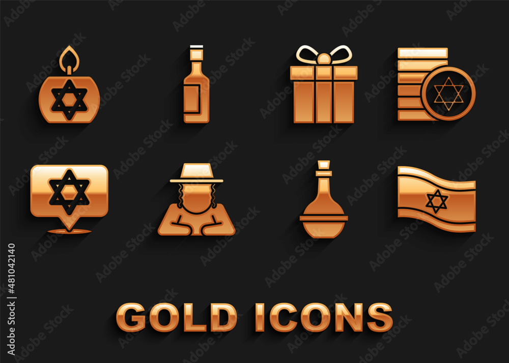 Set Orthodox jewish hat, Jewish coin, Flag of Israel, wine bottle, Star David, Gift box, Burning candle and icon. Vector Set Orthodox jewish hat, Jewish coin, Flag of Israel, wine bottle, Star David, Gift box, Burning candle and icon. Vector