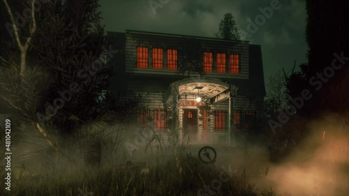 4K UHD Nightmare House Horror Street Inspired Darkness Style Haunted House Dark Scary Spooky Halloween Dark Gloomy Gothic Art CGI Illustration Video Left To Right Pan  photo
