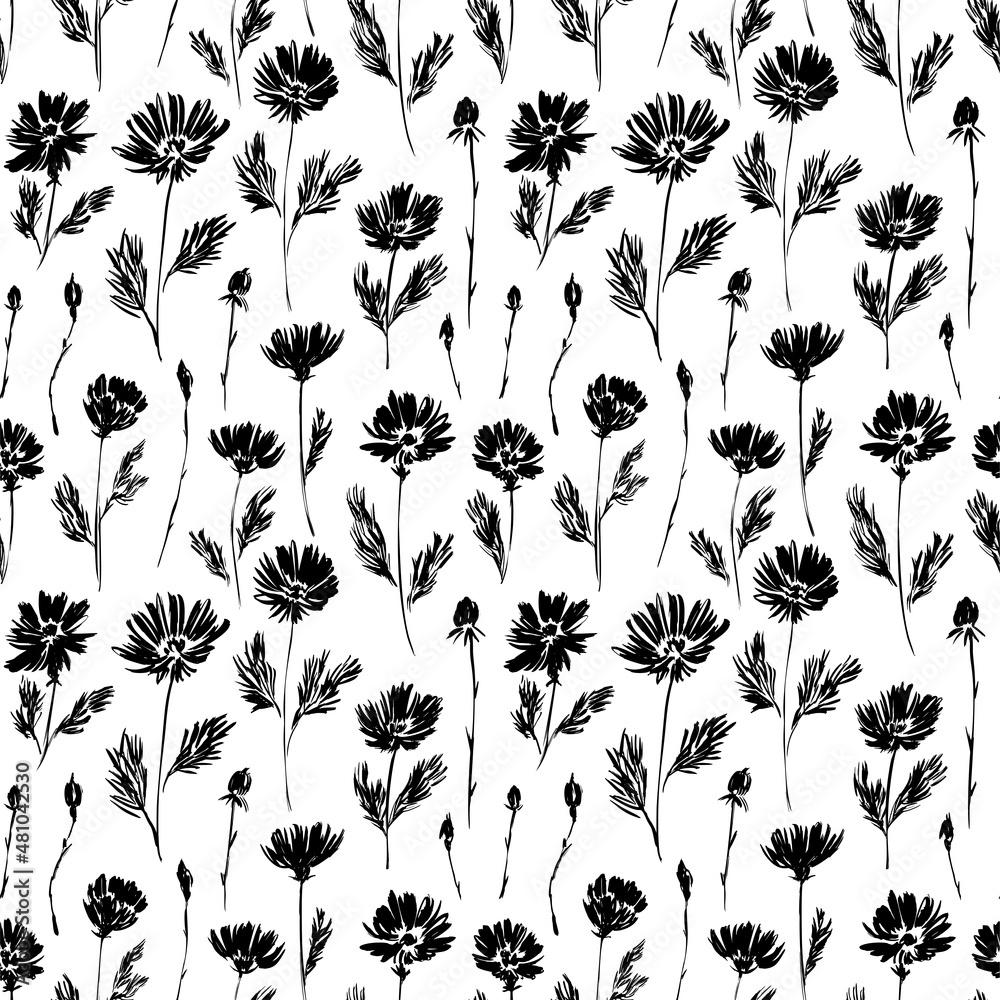 Silhouette meadow flowers seamless pattern. Hand drawn abstract ditsy flowers ornament. Vector botanical black ink illustration. Retro style design for textile, wrapping paper, wallpaper design