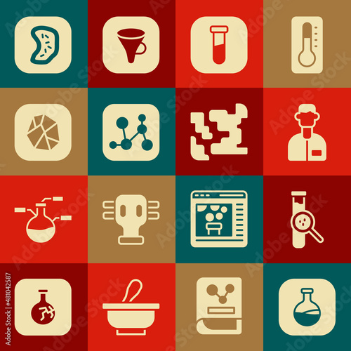 Set Test tube and flask, Laboratory assistant, Chemical formula, Salt stone, Bacteria and Gaseous icon. Vector