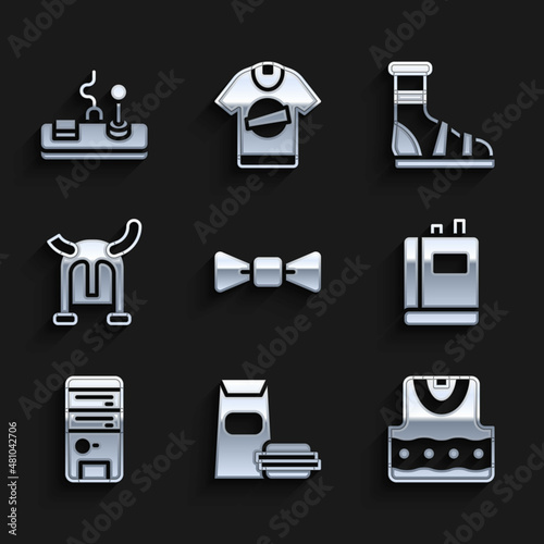 Set Bow tie, Burger, Waistcoat, Book, Computer, Viking in horned helmet, Slippers with socks and Gamepad icon. Vector