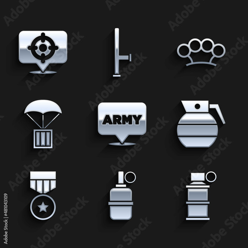 Set Military army, Hand grenade, smoke, reward medal, Airdrop box, Brass knuckles and Target sport icon. Vector