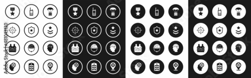 Set Airdrop box, Military reward medal, Target sport, rank, Walkie talkie, Army soldier and Bulletproof vest icon. Vector