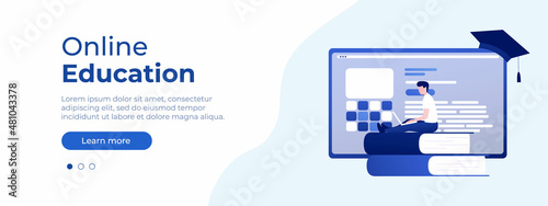 Online education concept. Vector layout for website page. Illustration in flat style with people studying remotely. Student learning online at home. Vector illustration EPS 10